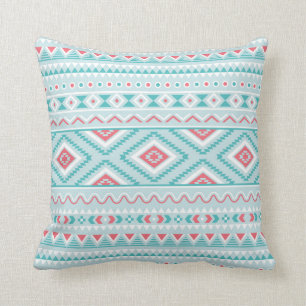 Coussin Motif tribal aztèque turquoise et rose