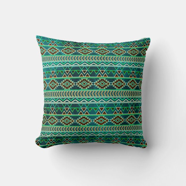 Coussin Motif tribal aztèque vert turquoise (Recto)