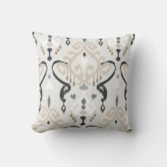 Coussin Motif tribal d'ikat blanc noir beige moderne chic (Recto)