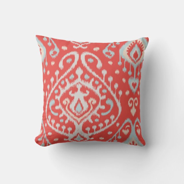 Coussin Motif tribal d'ikat girly rouge turquoise moderne (Recto)