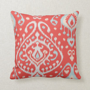Coussin Motif tribal d'ikat girly rouge turquoise moderne