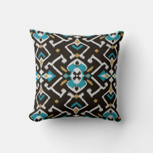 Coussin Motif tribal d'ikat turquoise noir géométrique