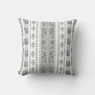 Coussin Motif tribal en tissu de boue blanc et noir
