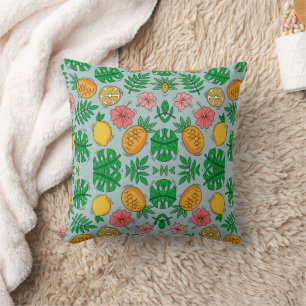 Coussin Motif tropical citron et fleurs roses