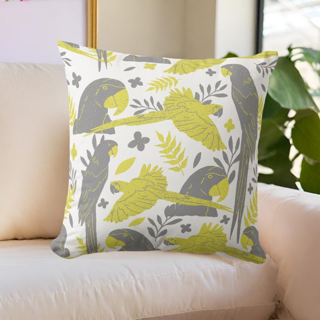 Coussin Motif tropical de perroquet gris jaune (Créateur téléchargé)