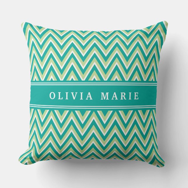 Coussin Motif turquoise vert Chevron avec nom (Recto)