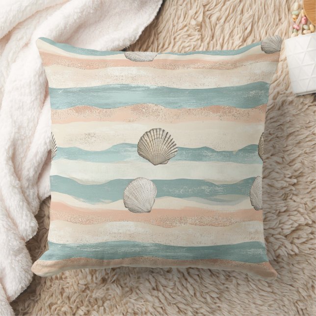 Coussin Motif Vague Coquillage Bohème Côtière (5) (Couverture)
