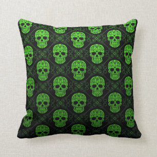 Coussin Motif vert et noir de crâne de sucre