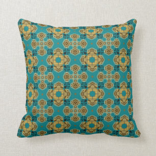 Coussin Motif Vintage Abstrait Turquoise et Gold