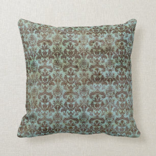 Coussin Motif vintage de damassé de brun bleu de turquois