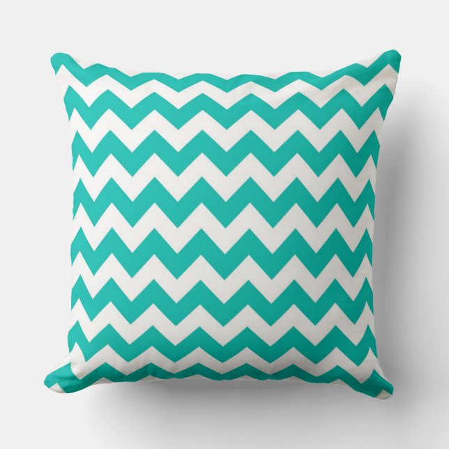 Coussin Motif Zig-Zag Chevron Blanc Sarcelle (Recto)