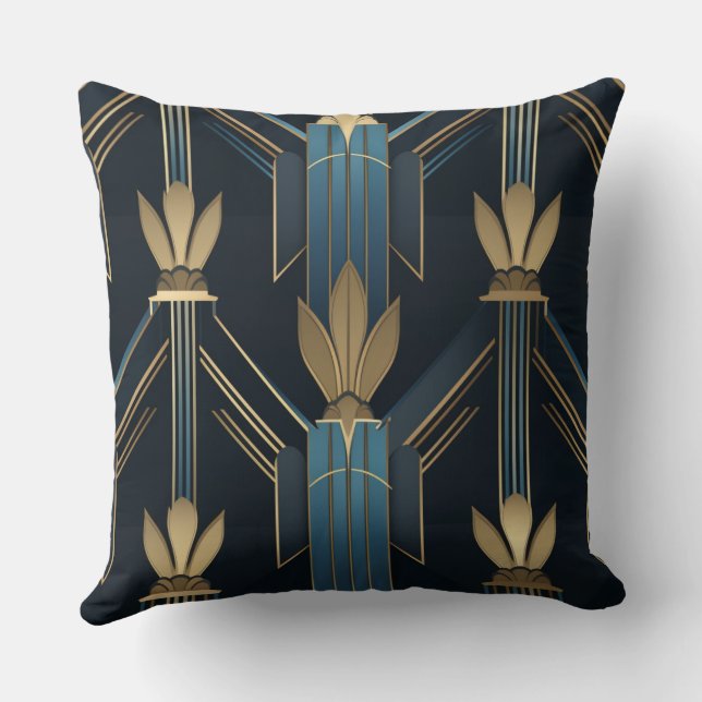 Coussin Motifs Art Déco Bleus et Dorés (Verso)