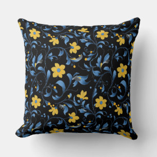 Coussin Motifs d'art populaire floral ukrainien. Bleu et j