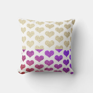 Coussin Motifs de cœur rose violet or pailleté ombré
