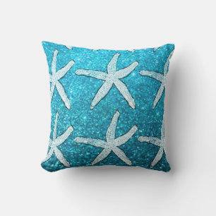 Coussin Motifs d'étoiles de mer pailletés scintillants ble
