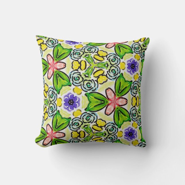 Coussin Motifs joyeux peints à la main réversible (Recto)