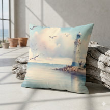 Mouette de phare côtier sous un ciel pastel serein