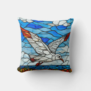 Coussin Mouette vitrail Décoratif Oiseau de l'Océan Côtier