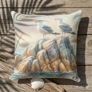 Coussin Mouettes côtières aquarelle paysage marin