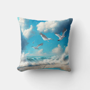 Coussin Mouettes volant au-dessus de la plage de sable