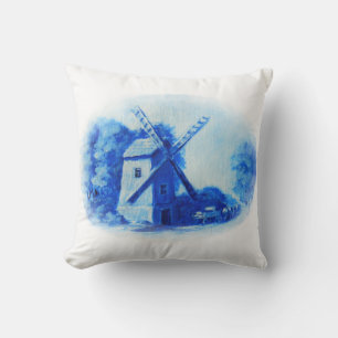 Coussin Moulin à vent, motif à delft bleu, imprimé à fleur
