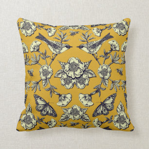 Coussin Moutarde Jaune et Oiseaux de la Marine, Papillons