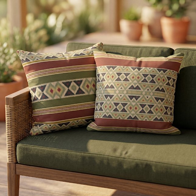 Coussin Moutarde Ocre Rouge Olive Drab Vert Ikat Art (Créateur téléchargé)