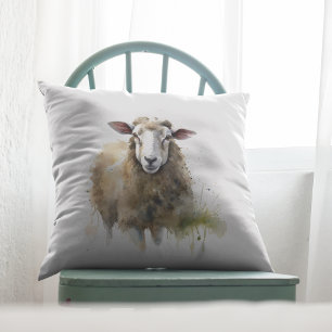 Coussin mouton blanc dans un pâturage peint couleur eau