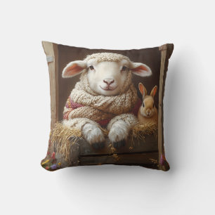 Coussin Moutons et lapin douillets en Grange avec Fleurs