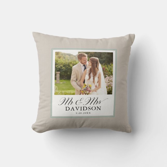 Coussin Mr et Mrs Elegant Script Turquoise Photo Newlysée (Recto)