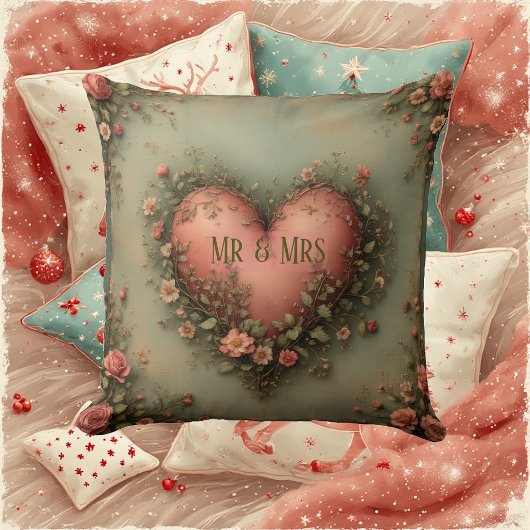 Coussin Mr & Mrs Romantic Heart Botanical Greenery Garden 