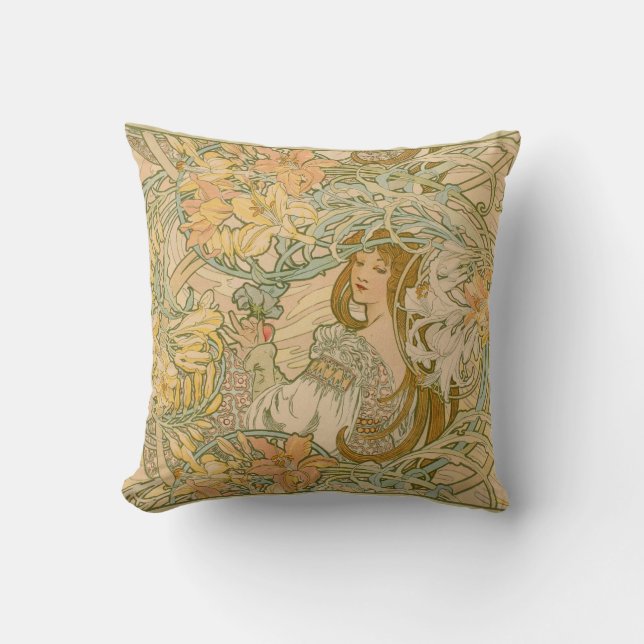 Coussin Mucha Lilies Langue des Fleurs Art Nouveau (Recto)