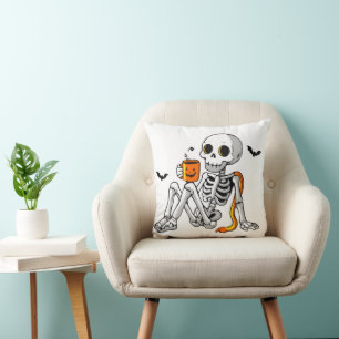Coussin Mug Squelette d'Halloween Cosy avec Café & Chauves