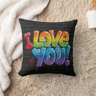 Coussin Mur de briques noir avec graffiti « Je t'aime ! »