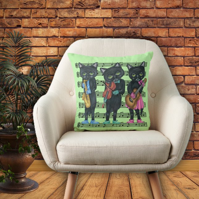Coussin Musical Black Cats Jouer Instruments Feuille Musiq (Musical Black cats playing instruments colourful clothes sheet music notes on green throw pillow.)