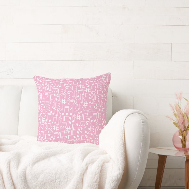 Coussin Musique Danse Notes Blanches Rose Tendre (Canapé)