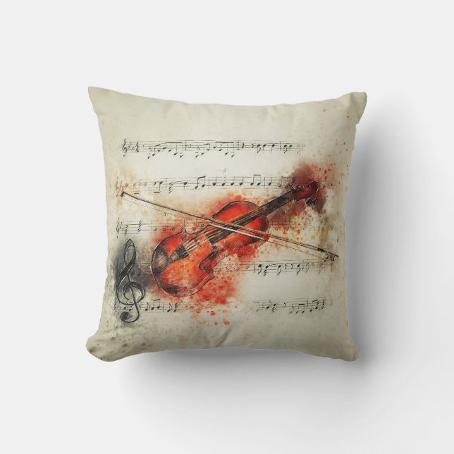 Coussin Musique de feuille d'aquarelle et violon (Recto)