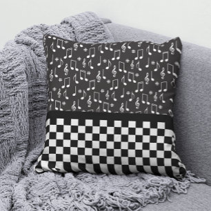 Coussin Musique et damier noir et blanc