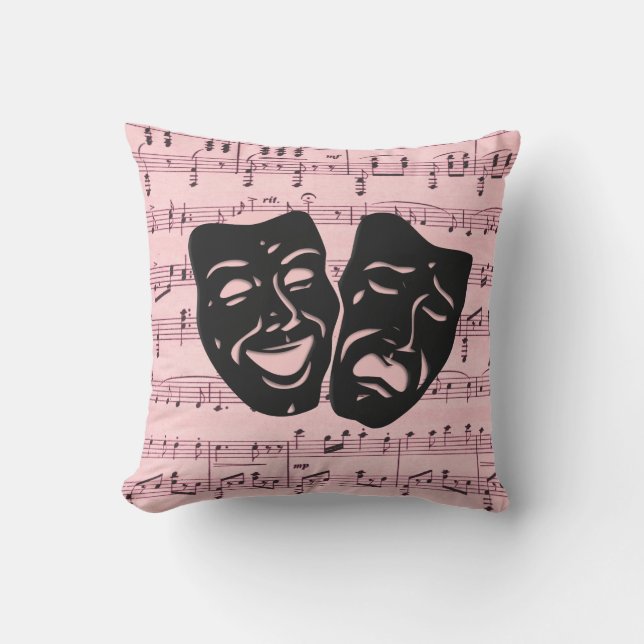 Coussin Musique rose et masques de théâtre (Recto)