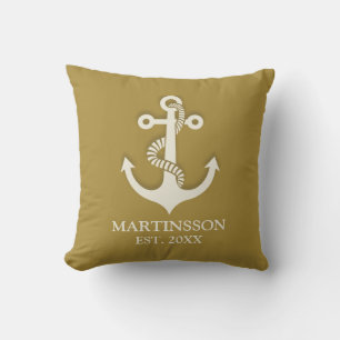 Coussin Mustard jaune blanc Nom de l'Ancre Date Nautique