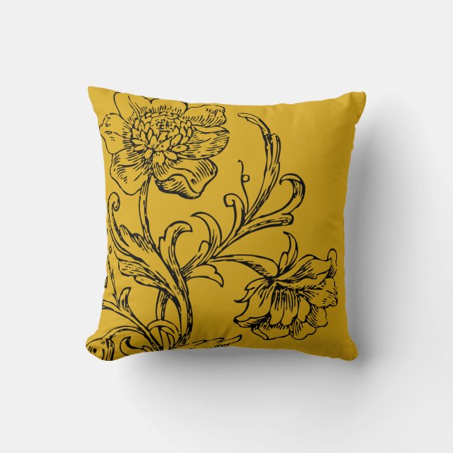 Coussin Mustard Jaune Stylé Floral (Recto)