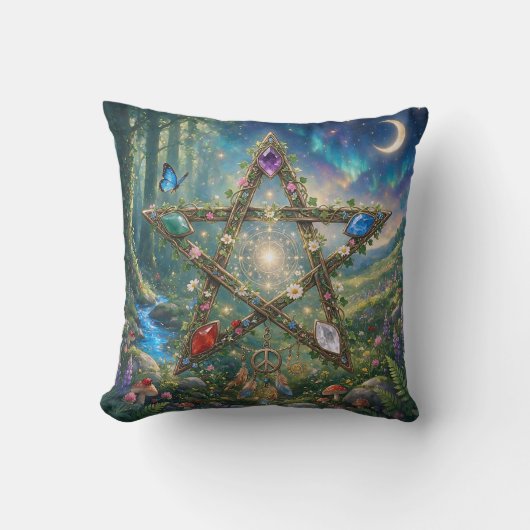Coussin Mystic Flora Pentagram & Gemstone Celestial Art (Recto)