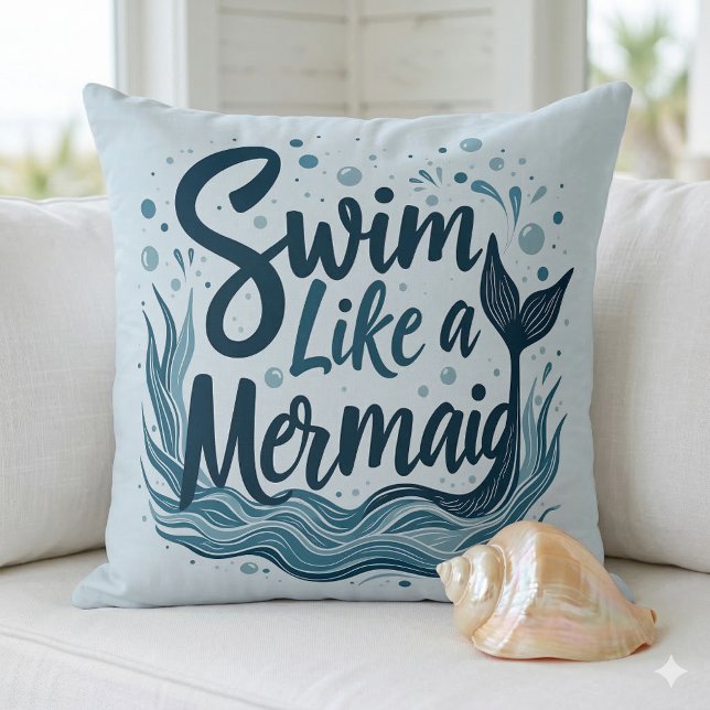 Coussin Nager comme une sirène - Citation océanique fantai (Swim Like a Mermaid Whimsical Ocean Quote Art Throw Pillow On Couch)
