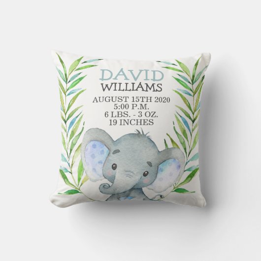 Coussin Naissance d'éléphant Boy Stats Jungle Safari Nurse (Recto)