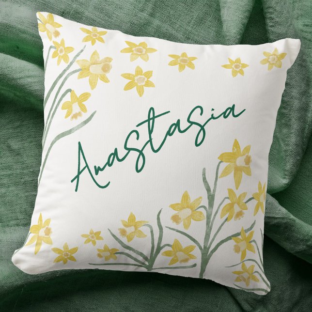 Coussin Naissance en Mars Daffodil Personnalisé (March Birth Month Flower daffodil personalized custom name script font watercolor birthday pillow)