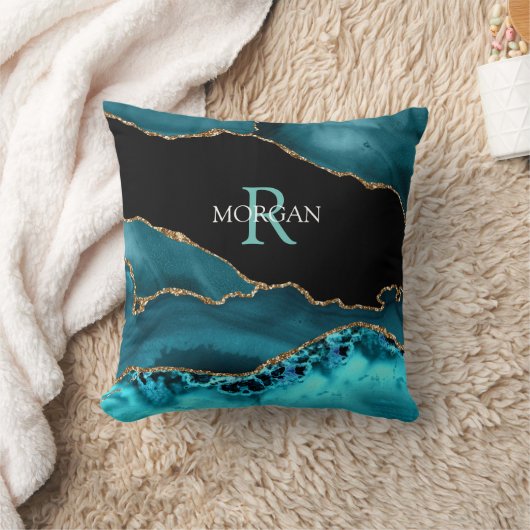 Coussin Name & Monogram Lt Teal White, Teal Blk Gold Agate (Couverture)