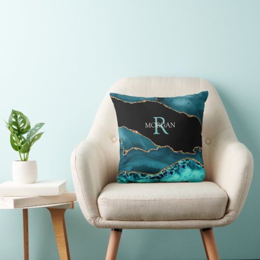 Coussin Name & Monogram Lt Teal White, Teal Blk Gold Agate (Chaise)