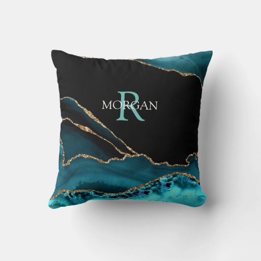 Coussin Name & Monogram Lt Teal White, Teal Blk Gold Agate (Verso)