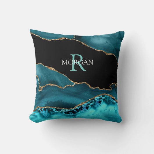 Coussin Name & Monogram Lt Teal White, Teal Blk Gold Agate (Recto)