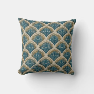 Coussin Nappe élégante bleu et or à motif d'éventail Art d